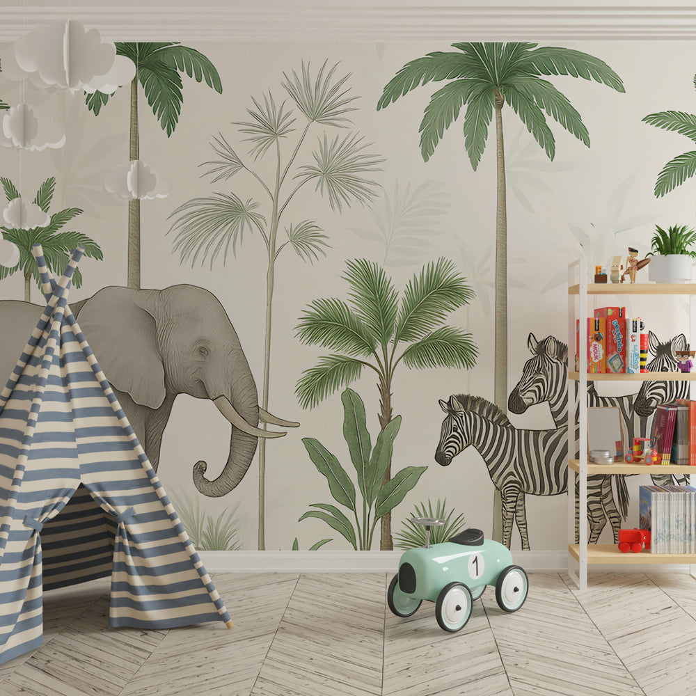 African safari mural wallpaper featuring elephants and zebras in children's playroom decor
