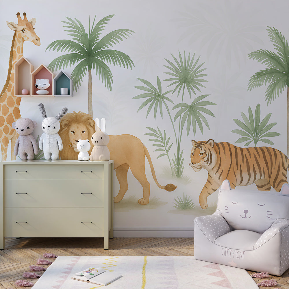 Majestic safari mural wallpaper transforming children's playroom into wild adventure space