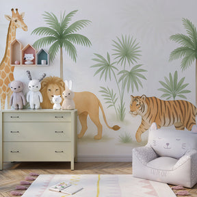 Majestic safari mural wallpaper transforming children's playroom into wild adventure space