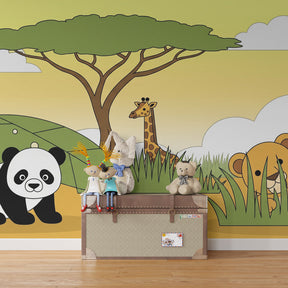 Colorful safari mural wallpaper with lion cub transforming kids playroom space