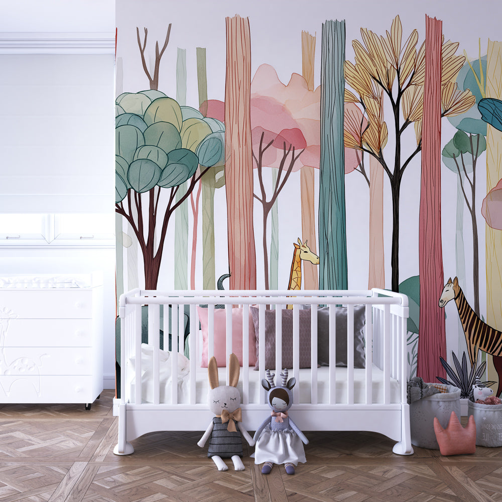 Safari themed mural wallpaper with zebras and trees in bright kids playroom setting