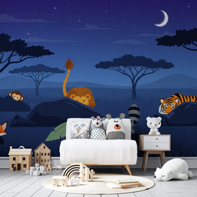 Starlit safari animals mural wallpaper transforming kids playroom into adventure space