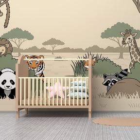 Safari themed mural wallpaper transforming playroom with lions, tigers, and pandas for kids
