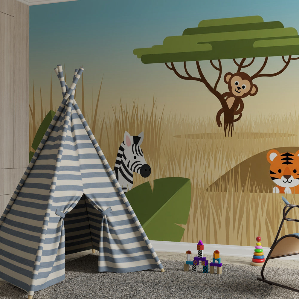 Wildlife mural wallpaper with monkey and zebra characters for kids playroom by Kids-Mundo