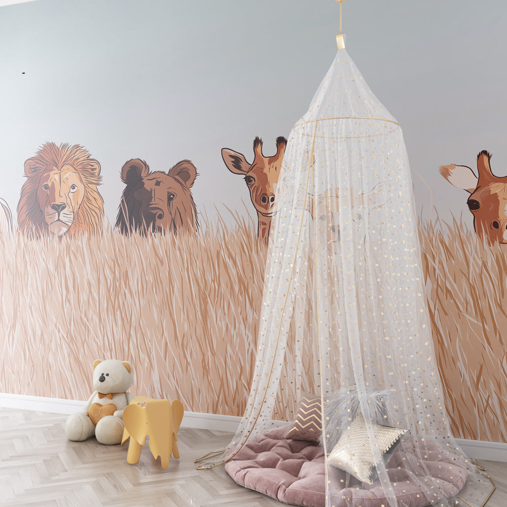 Safari themed mural wallpaper with giraffes and wild animals for kids playroom by Kids-Mundo