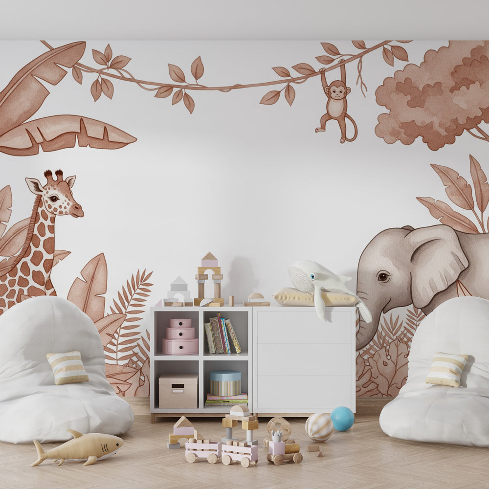Animal themed wall mural with monkey and tropical plants in modern kids playroom by Kids-Mundo
