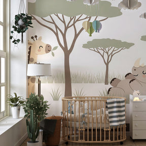 African safari mural wallpaper featuring friendly animals in bright kids playroom setting