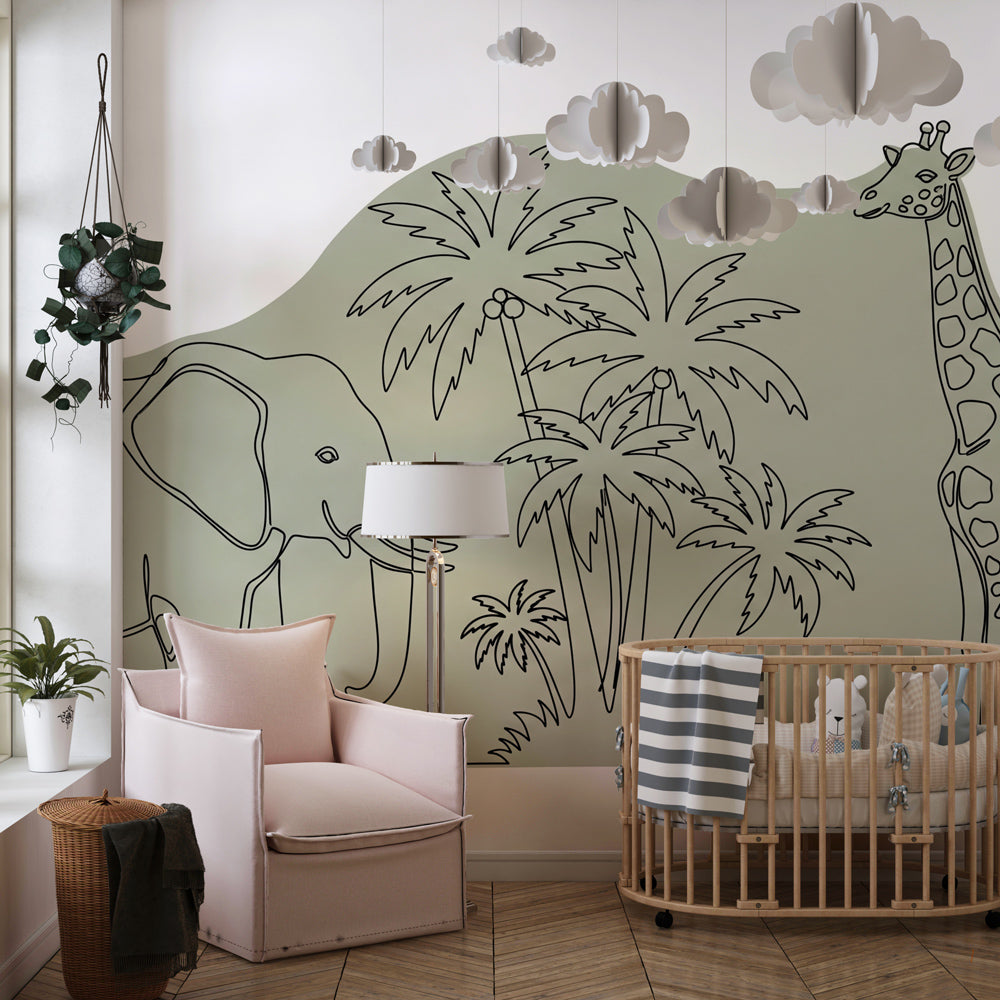 Safari themed mural wallpaper transforming children's playroom with wildlife adventure