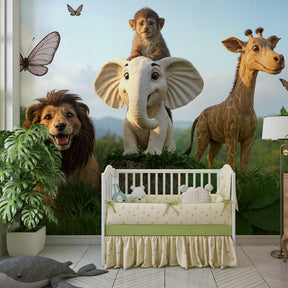 Educational safari animals wallpaper with butterflies perfect for kids playroom by Kids-Mundo