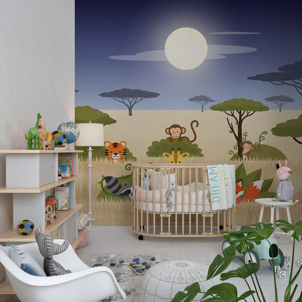 Safari adventure mural wallpaper transforming children's playroom with lions pandas and tigers theme