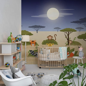 Safari adventure mural wallpaper transforming children's playroom with lions pandas and tigers theme