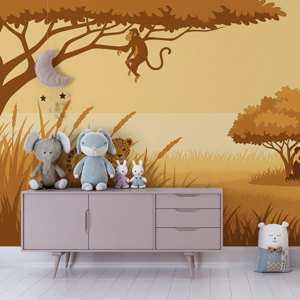 Safari themed mural wallpaper with monkey leopard and panda for kids playroom by Kids-Mundo