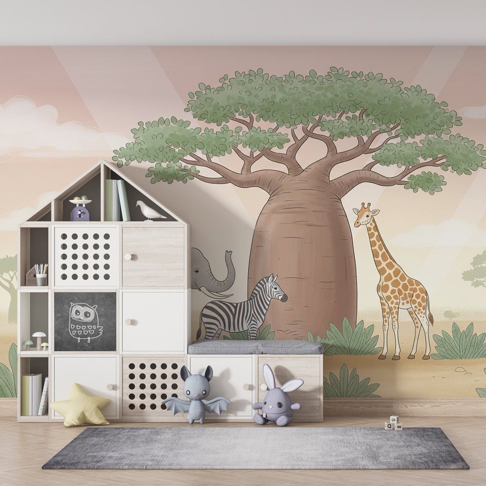 Wildlife mural wallpaper featuring safari animals in cozy kids playroom setting