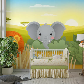 Safari animal wallpaper creating educational and playful atmosphere in kids playroom setting