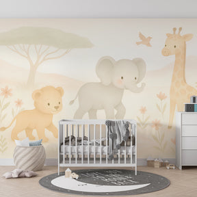 Safari theme mural wallpaper with giraffe and flowers for children's playroom decor