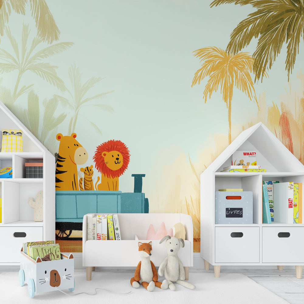 Safari adventure mural wallpaper transforming kids playroom into jungle expedition theme