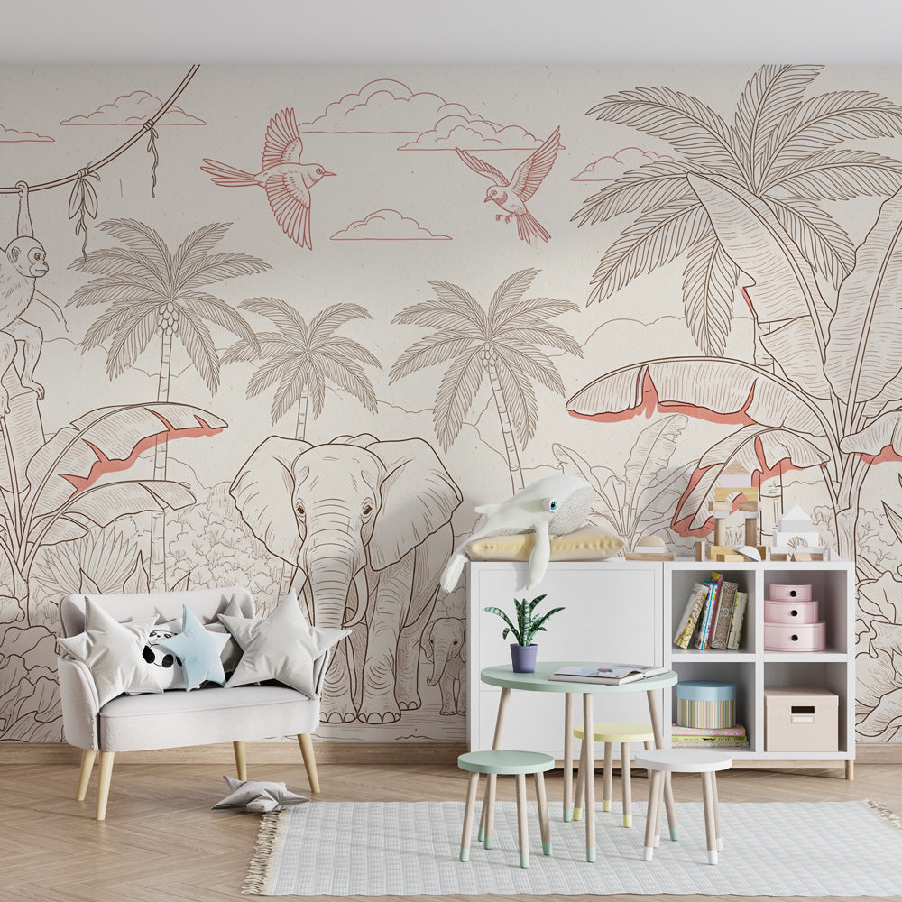 Children's safari mural wallpaper transforming playroom into jungle adventure space
