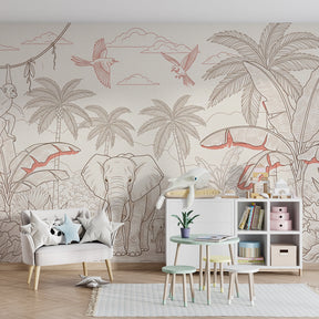 Children's safari mural wallpaper transforming playroom into jungle adventure space