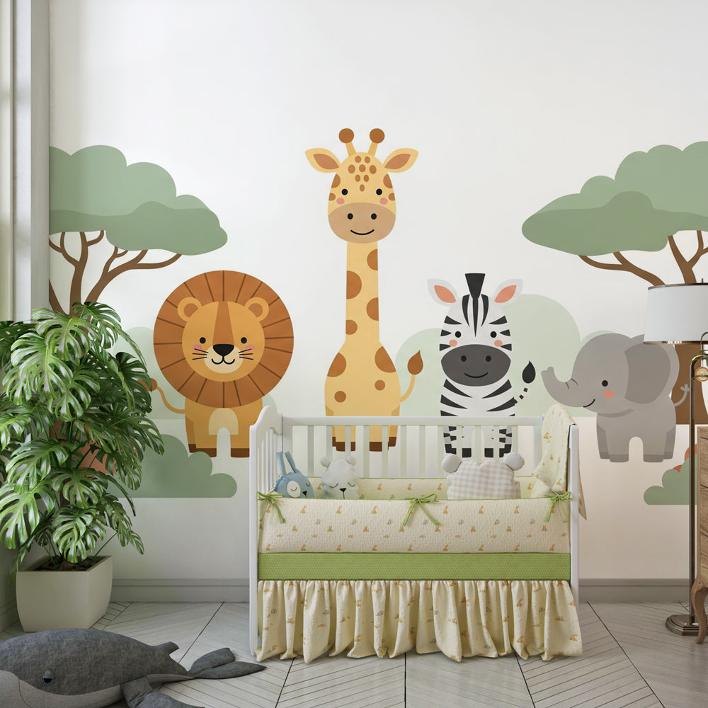 Colorful safari themed mural wallpaper for toddler room with educational animal characters