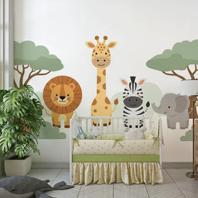 Colorful safari themed mural wallpaper for toddler room with educational animal characters