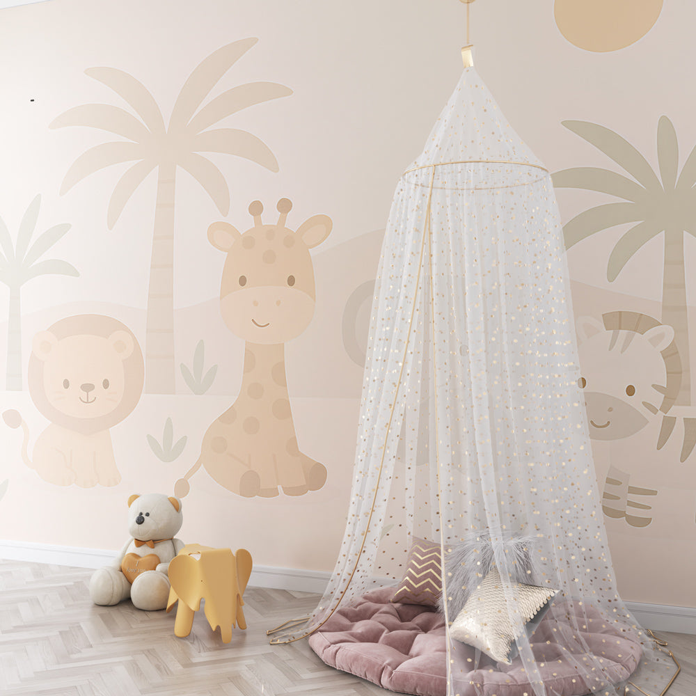 Gentle safari theme mural wallpaper for toddler room with lion, giraffe, elephant and zebra