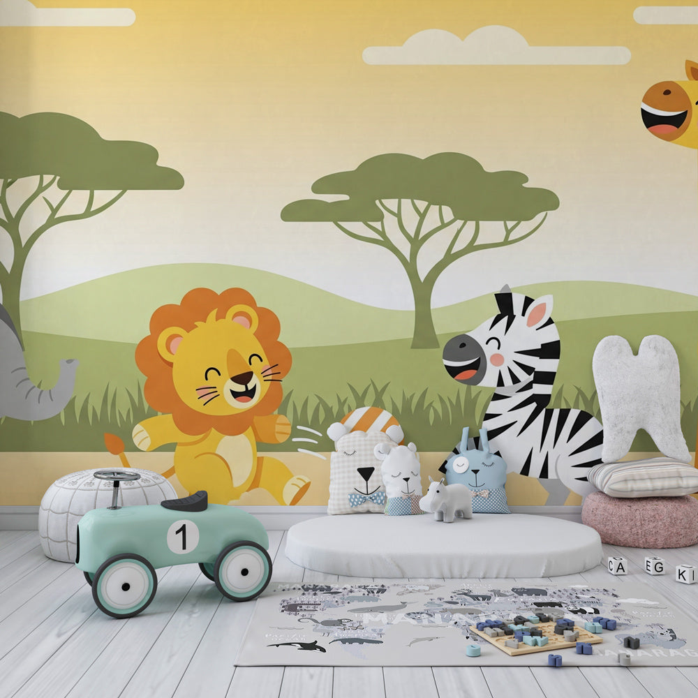 African safari themed mural wallpaper transforming toddler room into wildlife adventure space