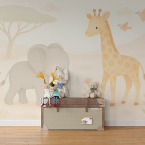 Safari themed mural wallpaper featuring gentle animals in calming toddler room setting
