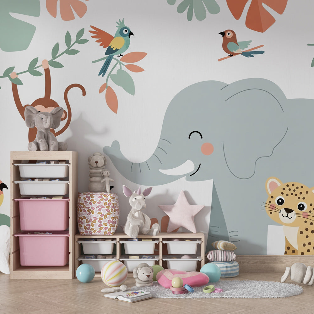 Elephant and tropical birds mural wallpaper in cozy toddler room setting