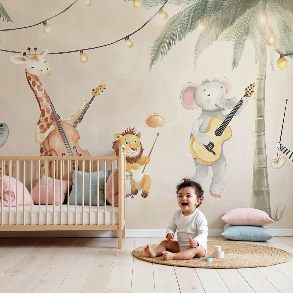 Safari animals mural wallpaper with tropical palms creating musical jungle theme in modern nursery by Kids-Mundo