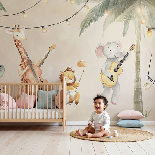 Safari animals mural wallpaper with tropical palms creating musical jungle theme in modern nursery by Kids-Mundo