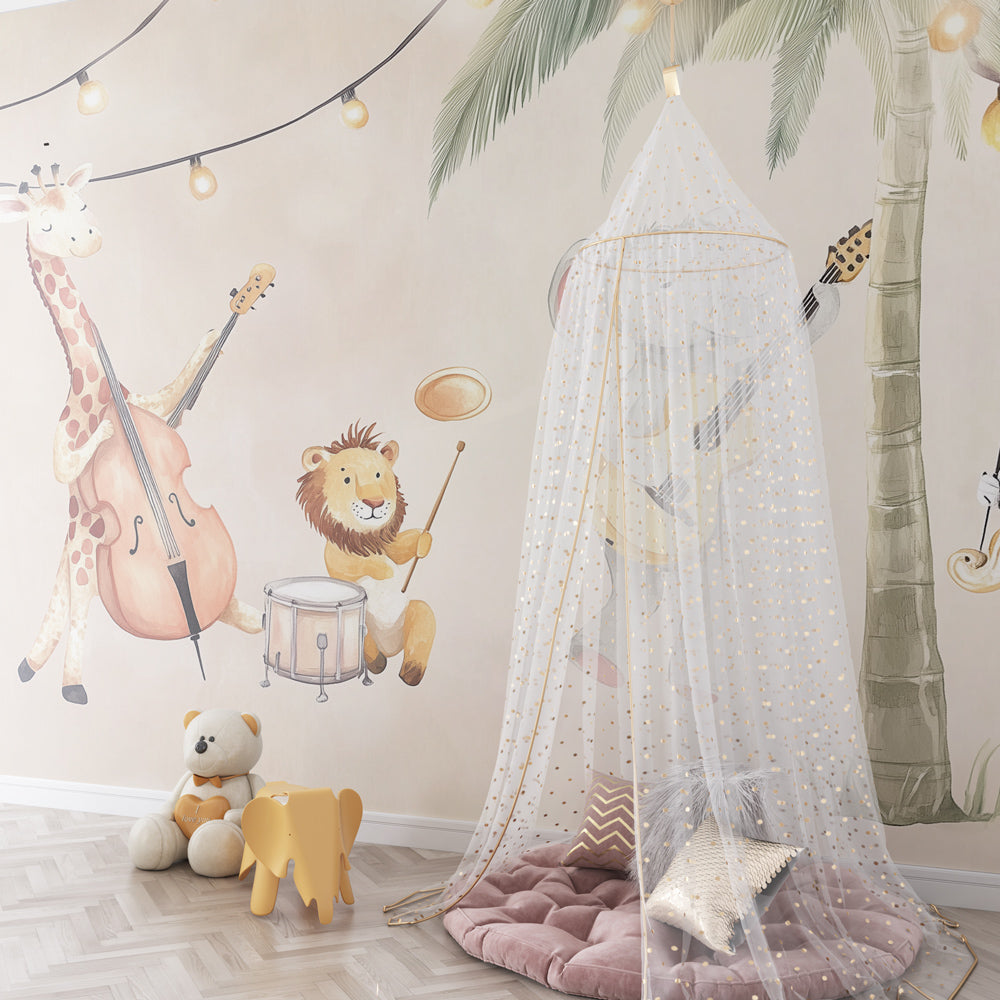 Tropical safari mural wallpaper featuring luminous palms and musical elements in kids playroom