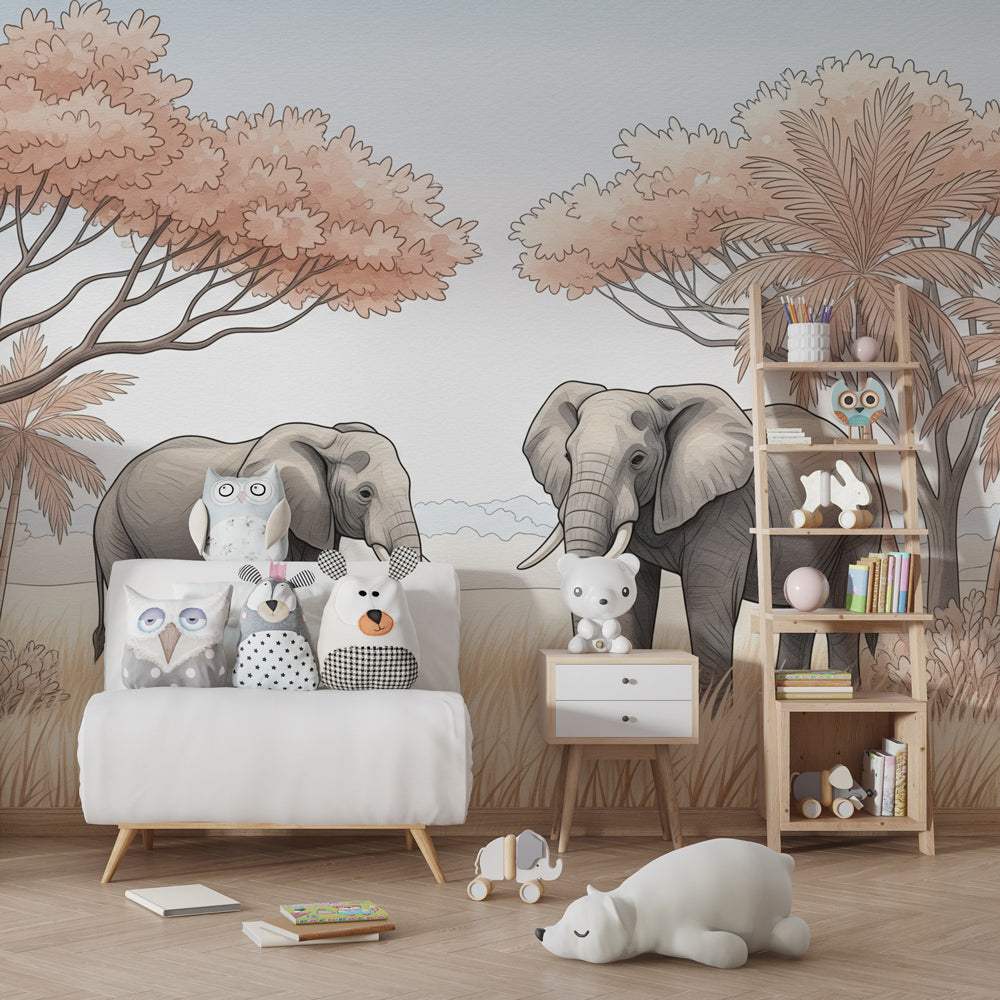 Elegant elephant wallpaper transforming kids bedroom with peaceful African savanna landscape