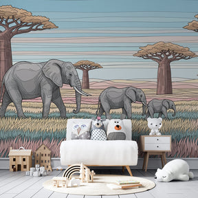 African elephant wallpaper transforming children's bedroom with peaceful savanna scene