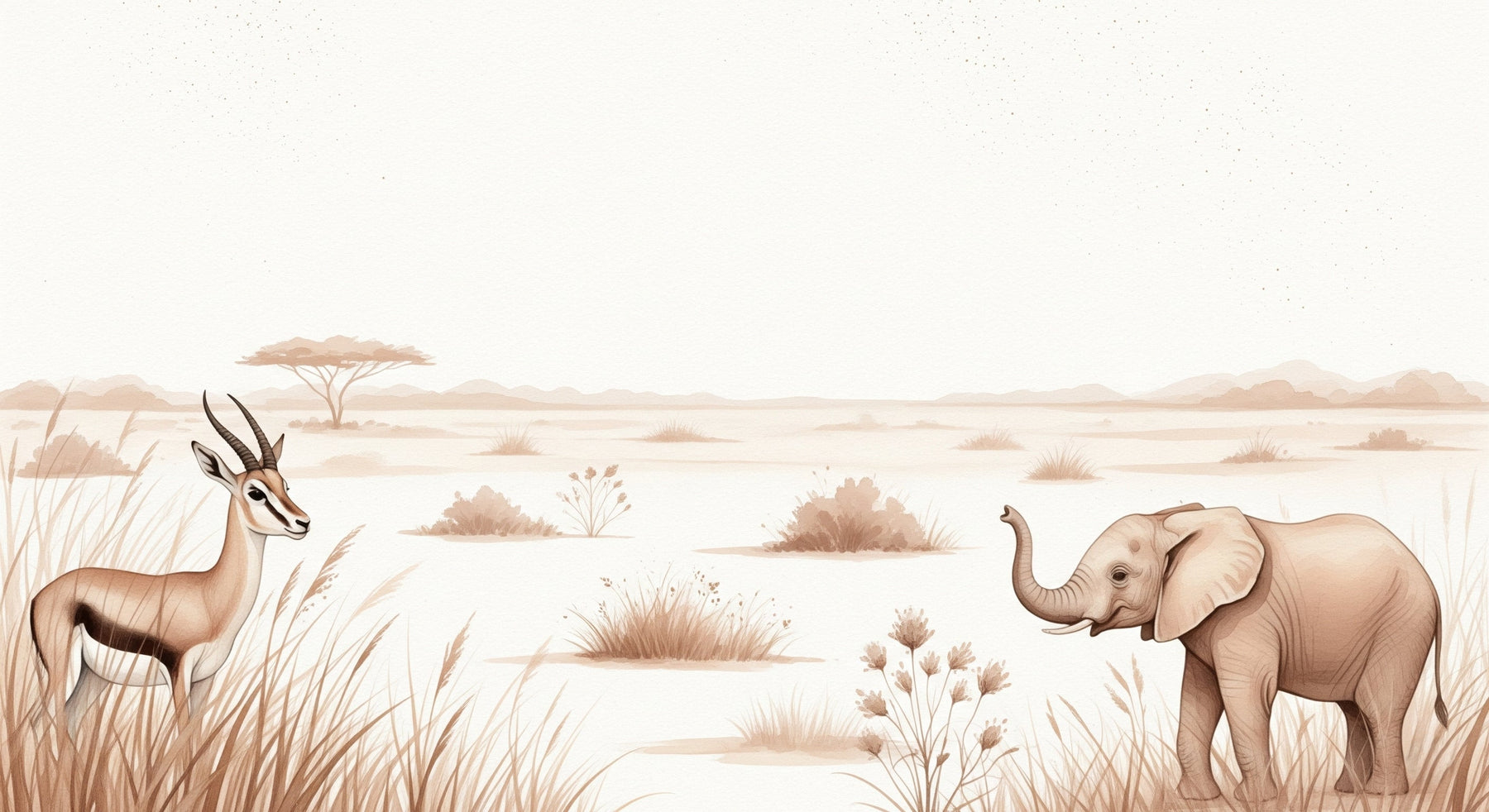 Detailed safari elephant and antelope mural wallpaper design pattern with beige botanical elements by Kids-Mundo