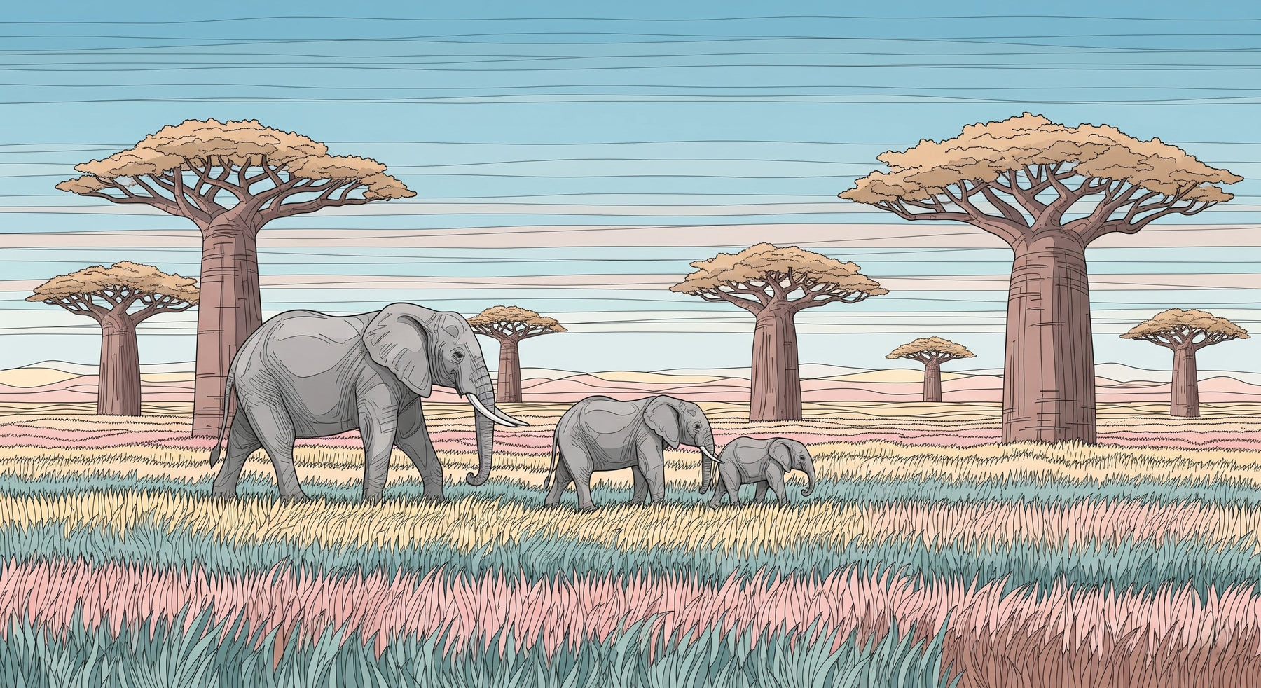 Detailed safari elephant mural wallpaper design pattern showing African savanna scene by Kids-Mundo
