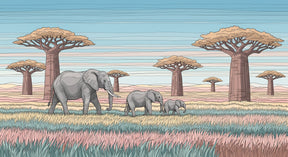 Detailed safari elephant mural wallpaper design pattern showing African savanna scene by Kids-Mundo