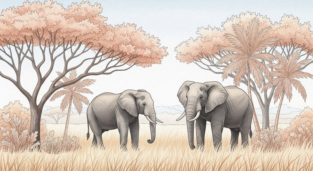 Detailed safari elephant mural wallpaper design pattern showing elegant savanna landscape by Kids-Mundo