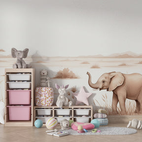 Safari animal mural wallpaper transforming kids room into peaceful savanna adventure space