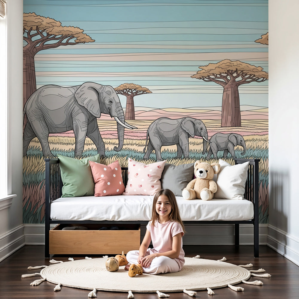 Safari elephant mural wallpaper creating African savanna atmosphere in modern nursery by Kids-Mundo