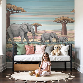 Safari elephant mural wallpaper creating African savanna atmosphere in modern nursery by Kids-Mundo
