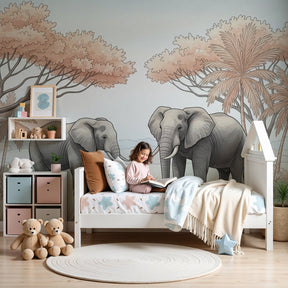 Safari elephant mural wallpaper creating serene nursery decor with beige and pink savanna theme by Kids-Mundo
