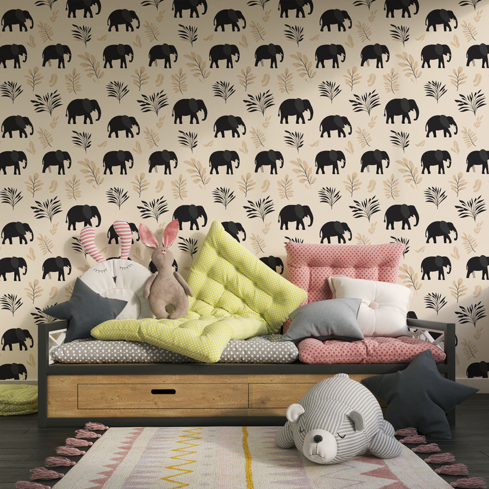 Educational animal mural wallpaper featuring elephants and botanical elements in bright kids playroom