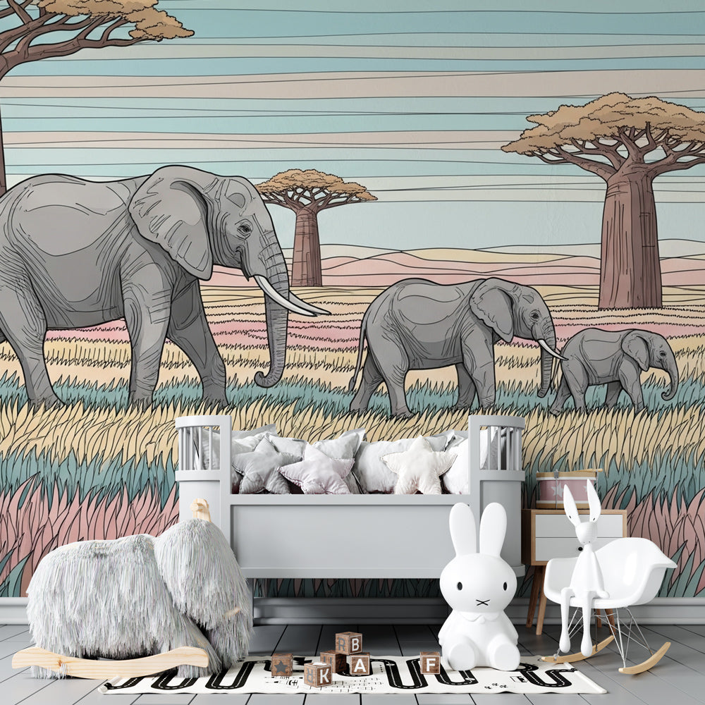 Safari themed mural wallpaper with elephants and baobab trees for kids playroom decor