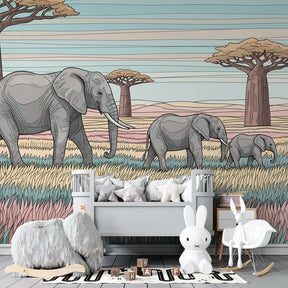 Safari themed mural wallpaper with elephants and baobab trees for kids playroom decor