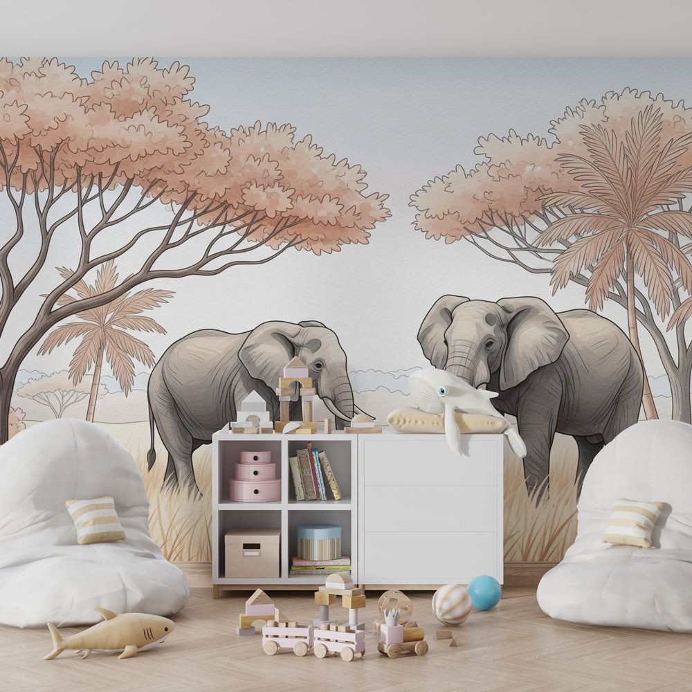African elephant mural wallpaper for children's playroom featuring palm trees and gentle pastels