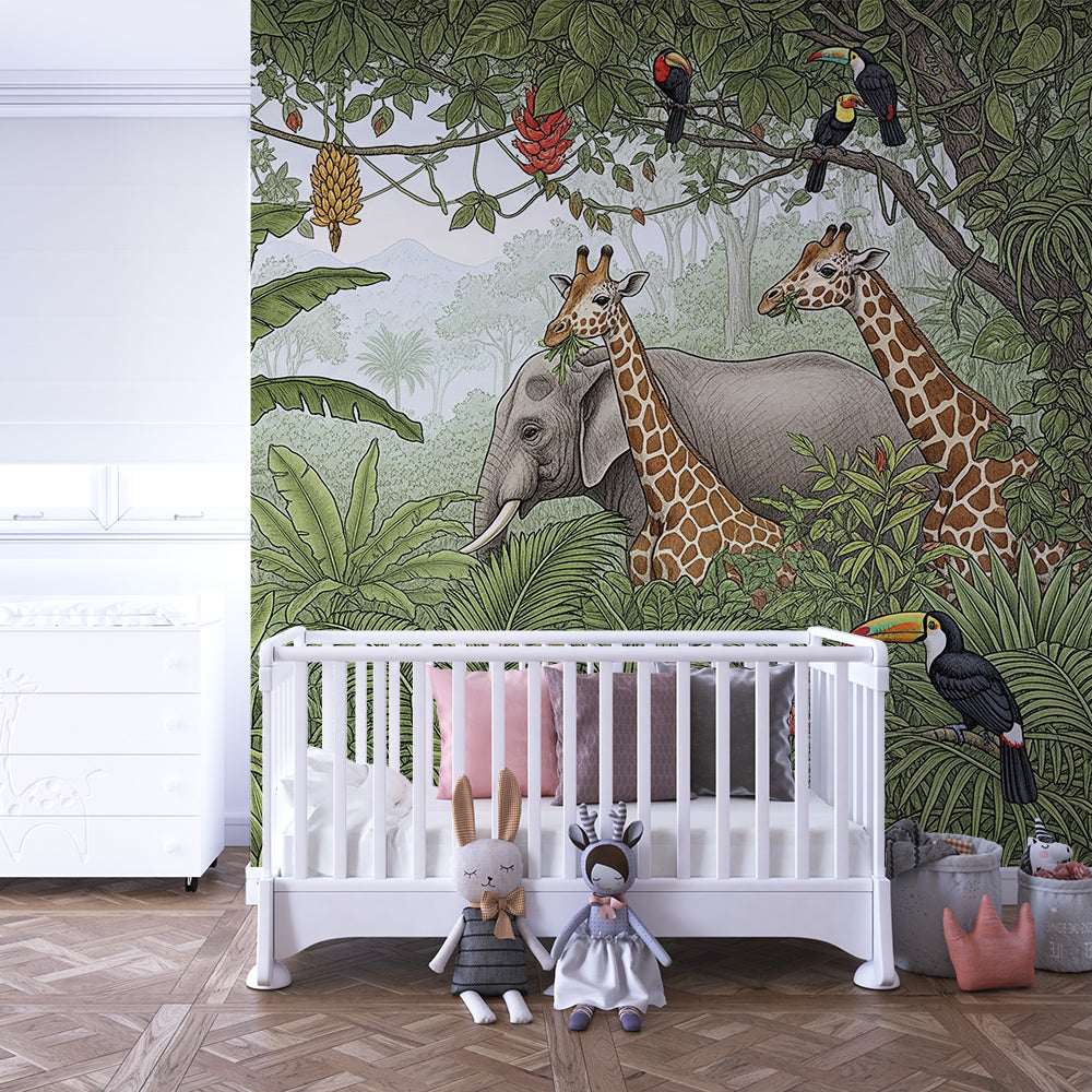 Kids-Mundo elephant and giraffe safari mural shown on a kids bedroom wall
