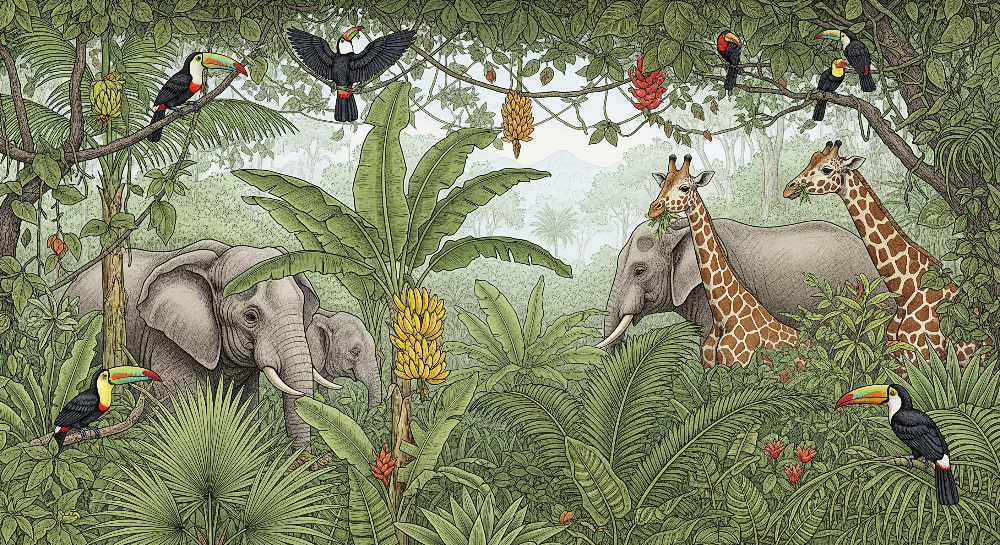 Kids-Mundo flat artwork of a safari mural with elephants, giraffes and flying toucans