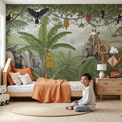 Kids-Mundo safari wall mural with elephants and giraffes in a soft nursery
