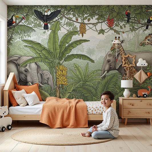 Kids-Mundo safari wall mural with elephants and giraffes in a soft nursery