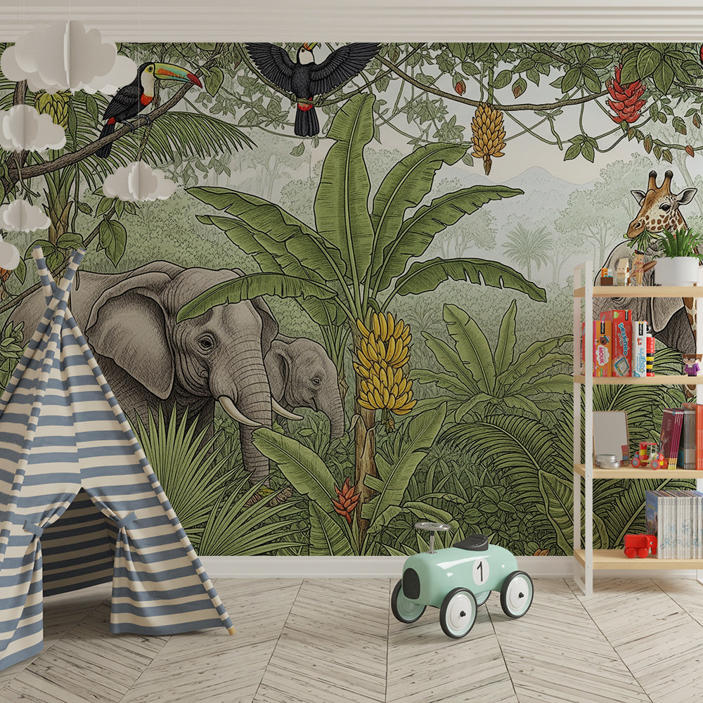 Kids-Mundo jungle safari wall mural with toucans and giraffes in a playroom